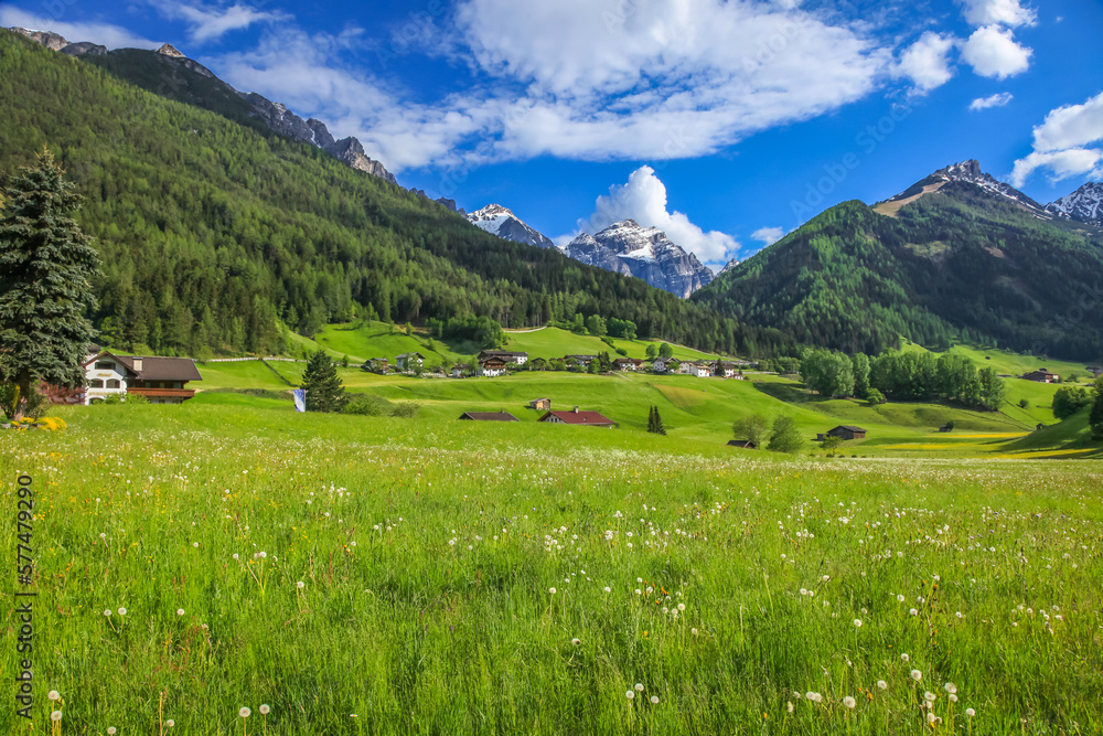 Alpine meadows in Stubai Valley and village, North Tyrol, Austria