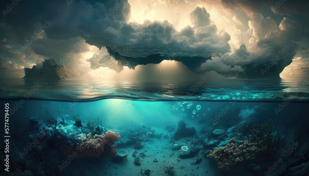 Fantasy landscape: beautiful storm clouds over tropical sea underwater view. Generative ai. - obrazy, fototapety, plakaty 
