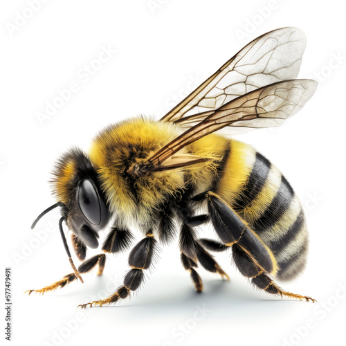 macro shot of honey bee isolated on white background. Close up of bee insect. Generative AI © Roman Samokhin