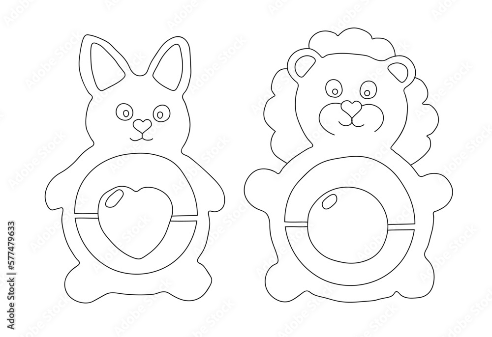 Outline of set of two rattles in the shape of bunny and lion. Vector illustration on a white background Outline of set of two rattles in the shape of bunny and lion. Vector illustration on a white background