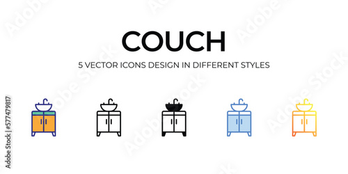 couch Icon Design in Five style with Editable Stroke. Line, Solid, Flat Line, Duo Tone Color, and Color Gradient Line. Suitable for Web Page, Mobile App, UI, UX and GUI design.