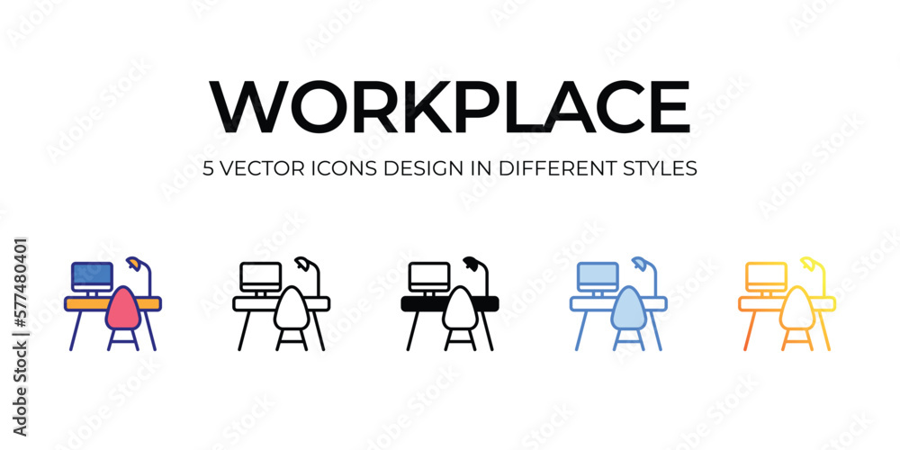workplace Icon Design in Five style with Editable Stroke. Line, Solid, Flat Line, Duo Tone Color, and Color Gradient Line. Suitable for Web Page, Mobile App, UI, UX and GUI design.