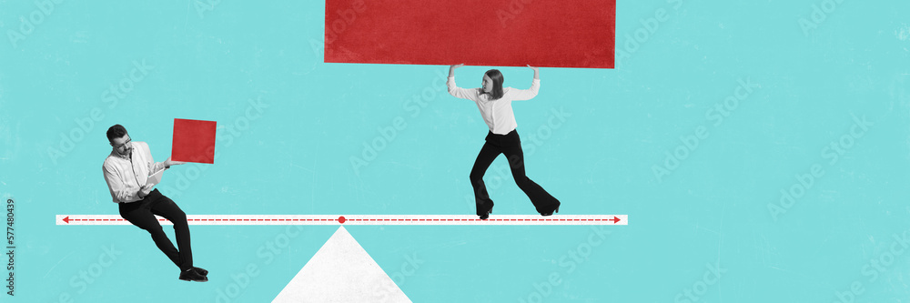 Conceptual design. Contemporary art collage. Differences in knowledges. Businessman holding small block with ease, young female employee carrying giant block. Concept of business, ambitions, startup