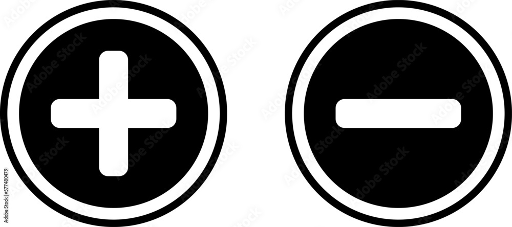 Plus Minus or Positive Negative or Yes and No or Right and Wrong or Approved and Declined Sign Icon Set in Black and White Circles. Vector Image. Plus Minus or Positive Negative or Yes and No or Right and Wrong or Approved and Declined Sign Icon Set in Black and White Circles. Vector Image.