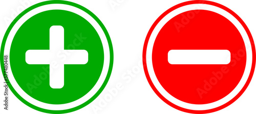 Plus Minus or Positive Negative or Yes and No or Right and Wrong or Approved and Declined or Advantage and Disadvantage Sign Icon Set in Green and Red Circles. Vector Image.