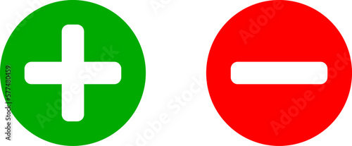 Plus Minus or Positive Negative or Yes and No or Right and Wrong or Approved and Declined Sign Icon Set in Green and Red Circles. Vector Image.