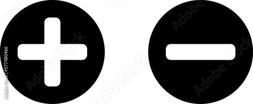 Plus Minus or Positive Negative or Yes and No or Right and Wrong or Approved and Declined Round Sign Icon Set in Black and White Circles. Vector Image.