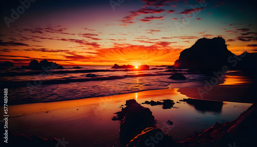 Image of a sunset over a beach vibrant dreamy landscape generative ai