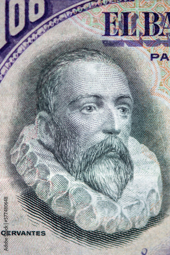 Detailed image of Miguel de Cervantes in the Spanish 100 pesetas banknote of 1928 photo