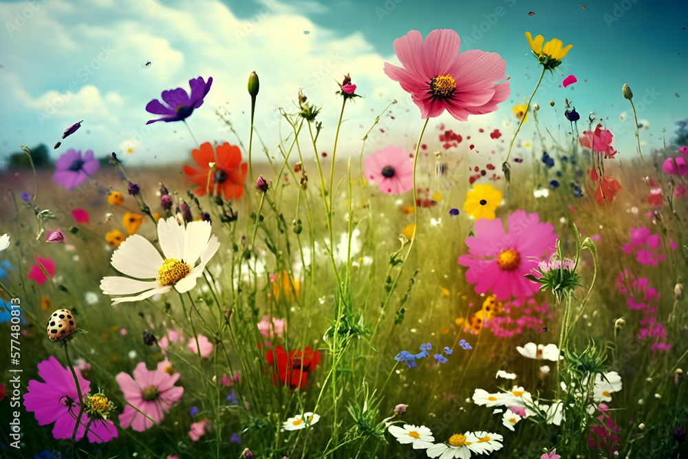 Colorful flower meadow in spring generative ai