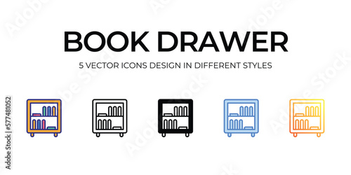 book drawer Icon Design in Five style with Editable Stroke. Line, Solid, Flat Line, Duo Tone Color, and Color Gradient Line. Suitable for Web Page, Mobile App, UI, UX and GUI design.
