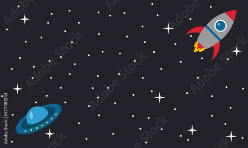Space, rocket and ufo, background, vector. Rocket and flying saucer on the background of space.