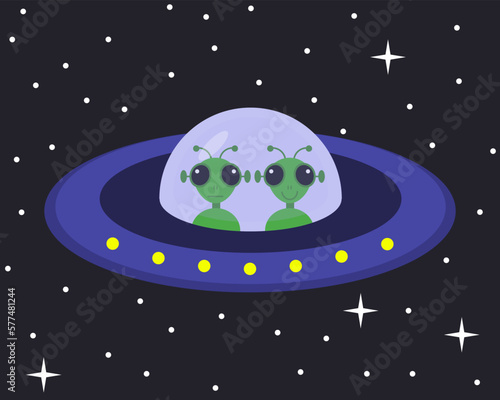 Aliens in a flying saucer, vector. Aliens in a flying saucer on the background of space.