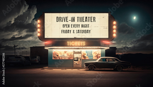 Car at at 60s drive-in theater at at the tickets booth