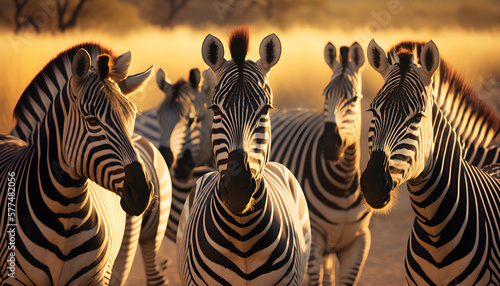 Group of zebras side view looking at camera hyper realistic generative ai