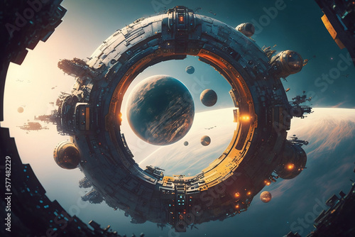 Ring sci-fi spaceship floating in space, abstract planets.