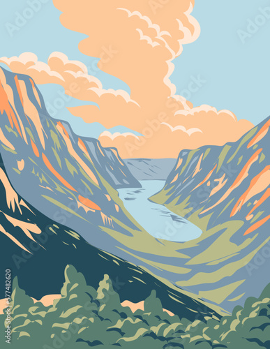 WPA poster art of Akami-Uapishku-KakKasuak Mealy Mountains National Park Reserve in the Labrador region of Newfoundland and Labrador Canada done in works project administration.