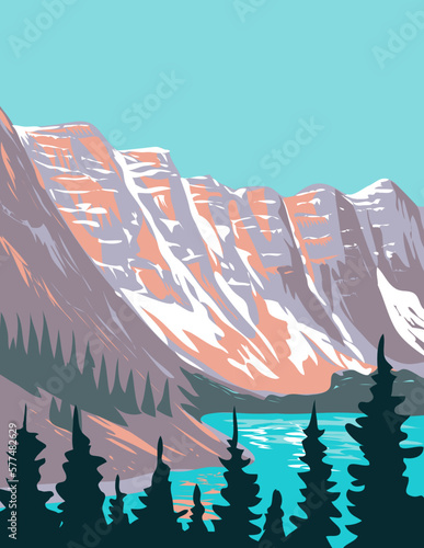 WPA poster art of Moraine Lake a glacially fed lake in Banff National Park located outside the hamlet of Lake Louise, Alberta, Canada done in works project administration or federal art project style. photo