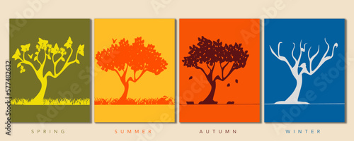 Four season of tree background vector. Minimalist design with tree silhouette in four season for wall art decor, home decor, wallpaper. Summer, Spring, Autumn, winter