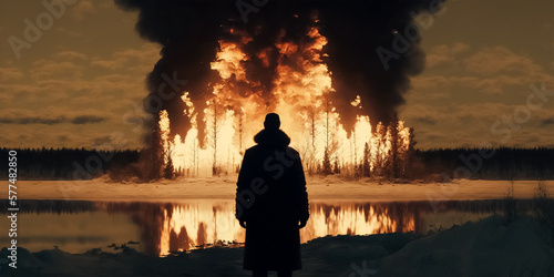 silhouette of a man watching a forest burn near a lake photo