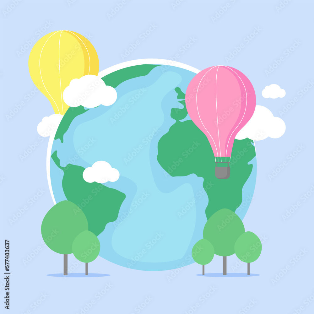 Blue Earth with trees, clouds and air balloons. Illustration for World Earth Day. Save Earth.