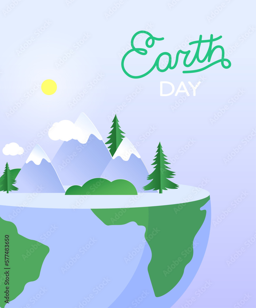 A layer of Earth with a mountain landscape. Poster for World Earth Day in digital craft style. Save the Earth.