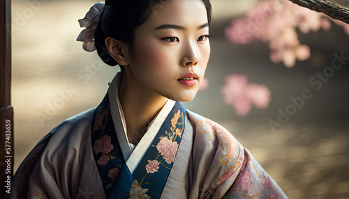Elegant South Korean Woman in Floral Traditional Hanbok - Cultural Fashion Portrait (created with Generative AI)