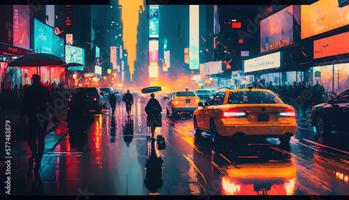 A bustling city street at night  alive with vibrant colors and neon lights generative ai