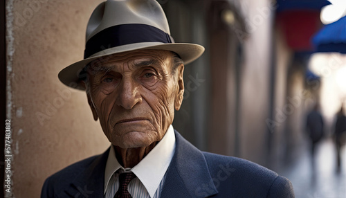 Proud and Sophisticated Italian Man in Traditional Suit and Fedora - Charming Street Scene in the Background (created with Generative AI)