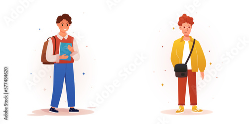 Vector illustrations of two smiling schoolchildren dressed in different styles of clothing. Options for modern school uniforms for children and adolescents. Illustration for educational posters.