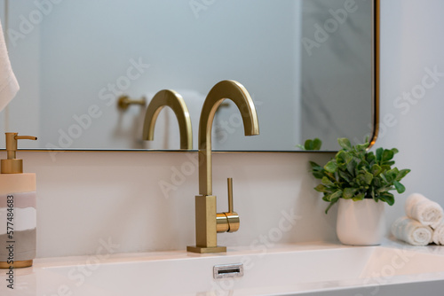 Modern bathroom details of sink with gold faucet, gold rim mirror, green plant and multi color soap dispenser.