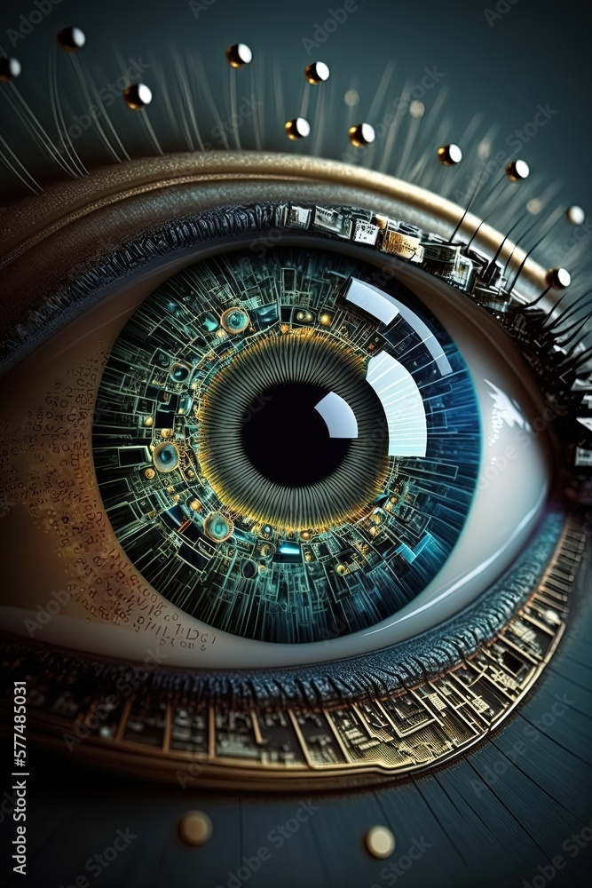 Close up of a eye cyber circuit. Concept of Biometric data reading in future - Generative AI