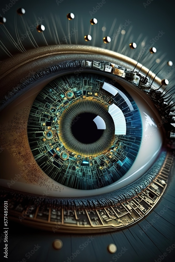 Close up of a eye cyber circuit. Concept of Biometric data reading in future - Generative AI Close up of a eye cyber circuit. Concept of Biometric data reading in future - Generative AI