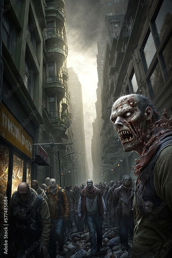 Fototapeta premium Crowd of Zombies invading the city, horror Halloween concept, Zombie apocalypse (not real people) - Generative AI