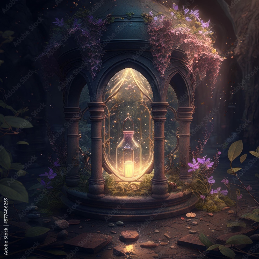 Wellspring with Light and Purple Flowers, Magical Well Illustration [Generative AI]