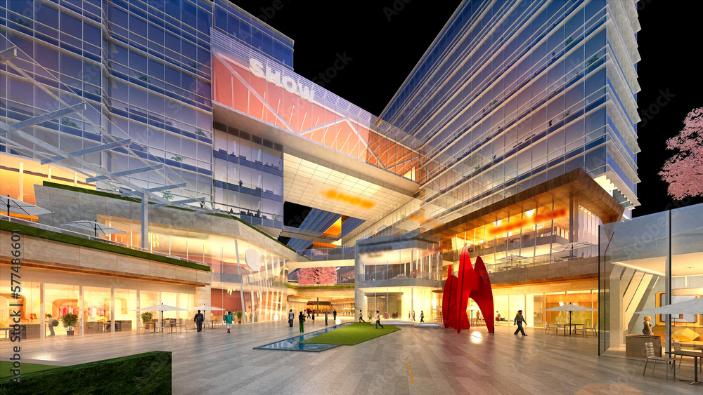 Fototapeta premium Commercial buildings view at night. 3d render