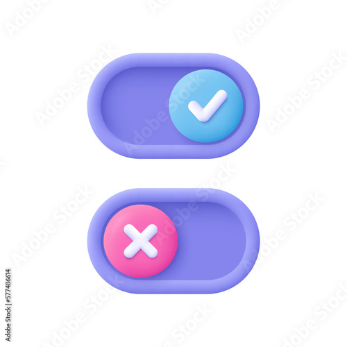 On Off toggle switch interface buttons. Tick check mark and cross mark symbols. 3d vector icon. Cartoon minimal style.