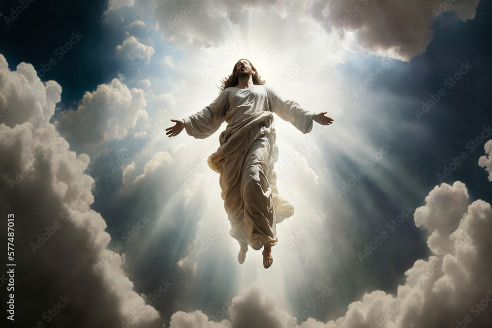 Jesus Christ ascending to heaven, bright light sky, resurrection ...