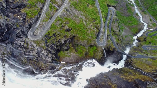 Aerial view of a winding road and valley on the famous Trollstigen mountain pass road in Norway	
