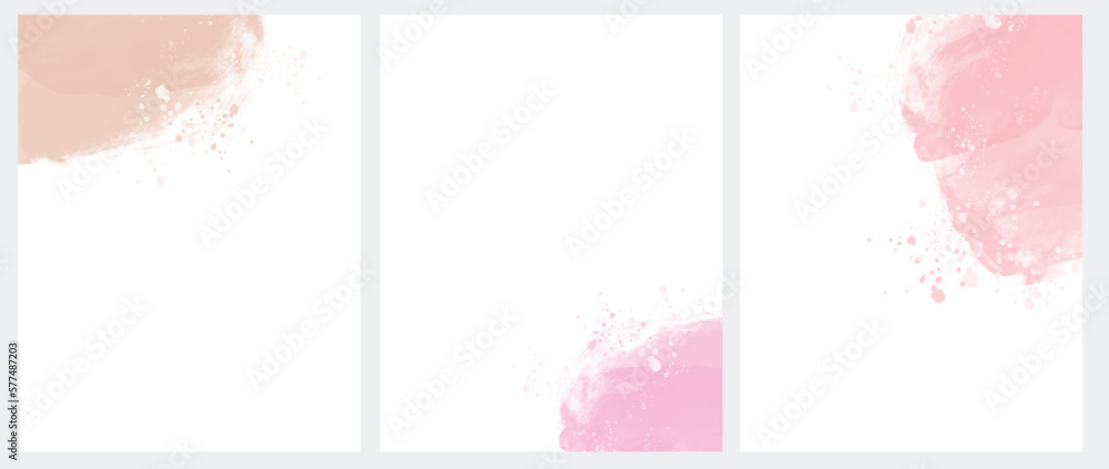 Set of 3 Delicate Abstract Watercolor Style Vector Layouts. Light Coral and Pale Pink Paint Stains on a White Background. Pastel Color Stains and Splatter Print Set.	
