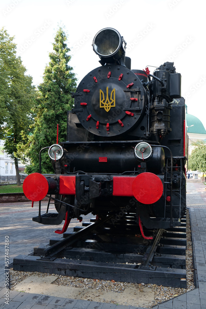 Obraz premium Old steam locomotive near railway station in Ivano-Frankivsk, Ukraine
