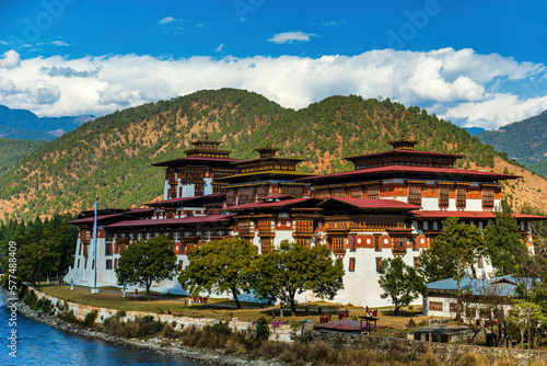 The Punakha Dzong Monastery landscape and mountains background, Punakha, Bhutan