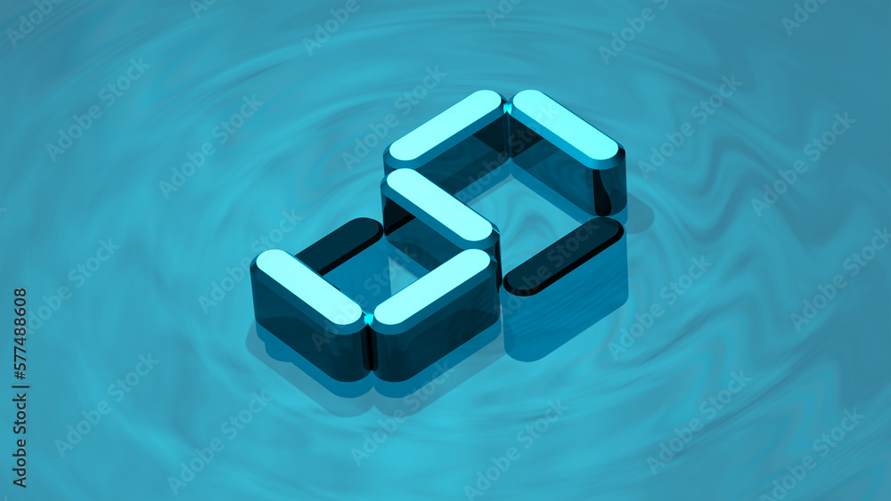 Digit 5 3D render in reflective glass floating on digital water surface. Extruded number five.
