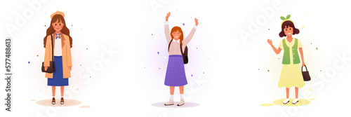 Vector illustration of joyful girls studying at school. A set of illustrations of smiling children dressed in different styles of clothing. Beautiful and modern school uniform for children.