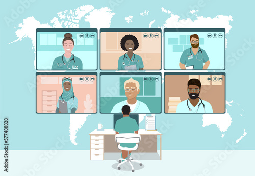 Global Doctors web conference, Emergency medical crisis video call Teleconference. Surgeon Specialist Expert Nurse Assistant Online Virtual Meetings. Hospital team remote work during pandemic