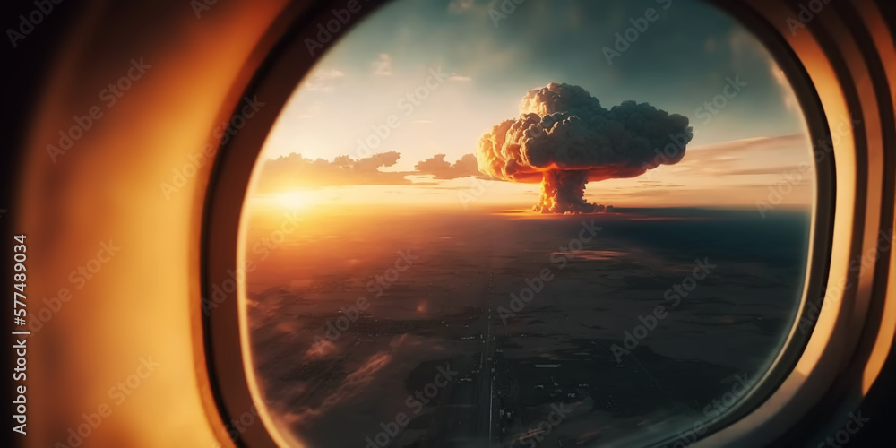Beautiful sunset and Nuclear explosion in the airplane window. Atomic bomb in city. Symbol of war, end of world