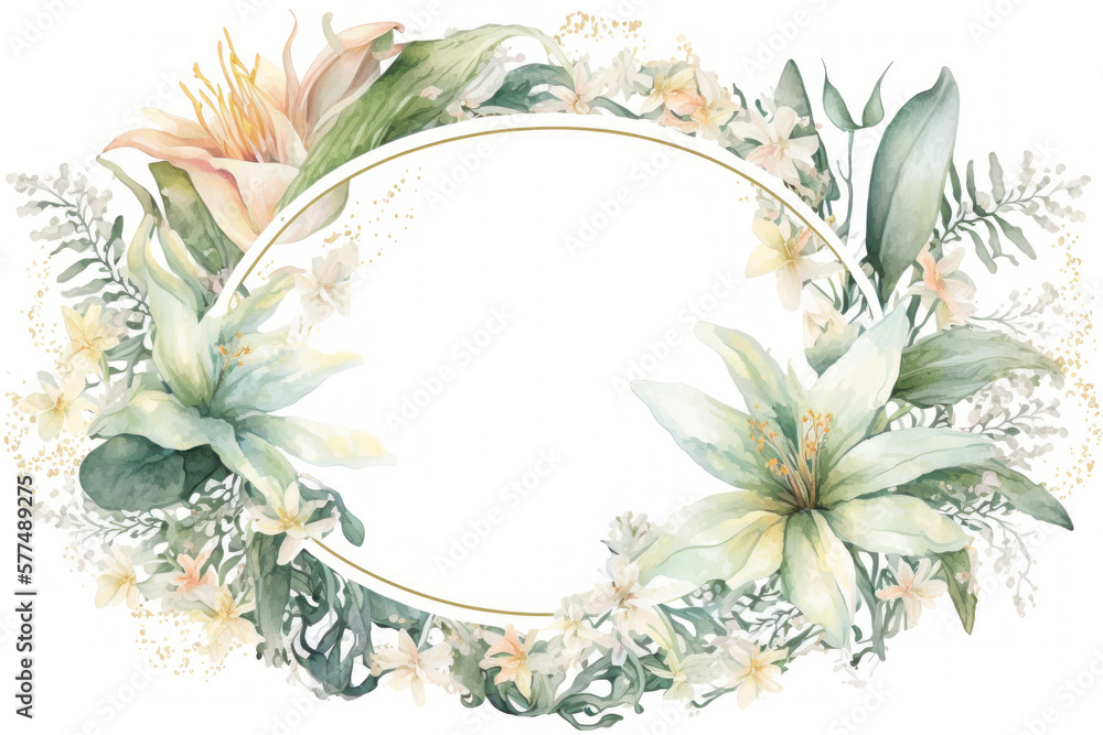 Romantic wreath, mock up card. Wedding, marriage, bridal, birthday, Valentine's day. Floral frame of lillies, copy space, vintage style. Watercolor, pastel colors. Generative AI Romantic wreath, mock up card. Wedding, marriage, bridal, birthday, Valentine's day. Floral frame of lillies, copy space, vintage style. Watercolor, pastel colors. Generative AI