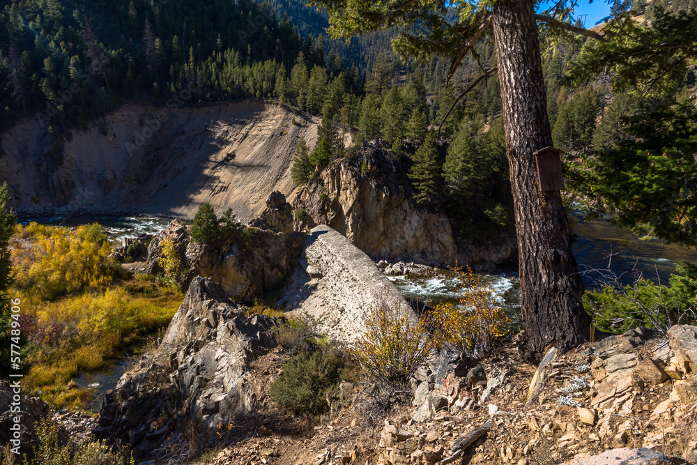 Sunbeam dam remains in Yankee Fork of the Jordan Creek in Idaho in sunny autumn day Sunbeam dam remains in Yankee Fork of the Jordan Creek in Idaho in sunny autumn day