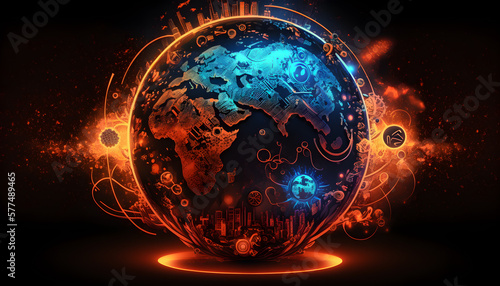 Illustration of a world globe glowing neon with symbols of technology around generative ai