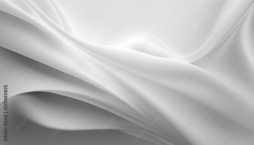 Fototapeta premium An abstract background featuring soft white silk or satin fabric with flowing waves and elegant curved folds, creating a luxurious and smooth texture against a light gray backdrop.